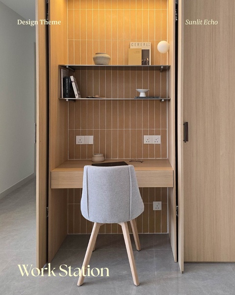 built-in desk, wall desk, compact desk, home office desk, workspace desk, study desk, office furniture, brand awareness, lifestyle, calm, warm, brown, neutral